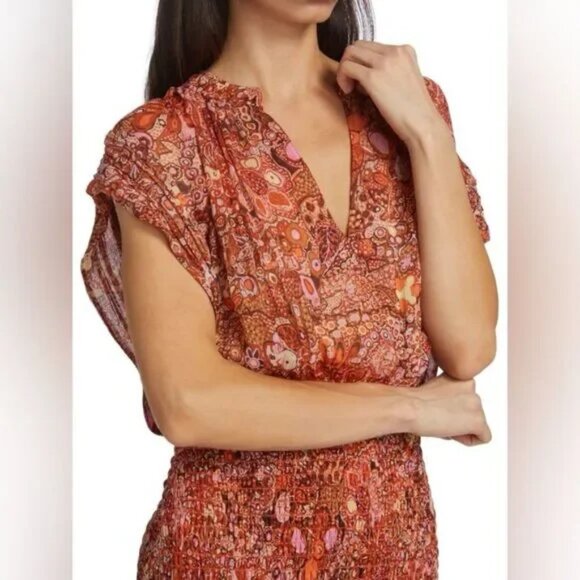 A.L.C. Carly Floral Silk Smocked Mini Dress Cap Sleeve Multicolor Chiffon - Picture 6 of 16